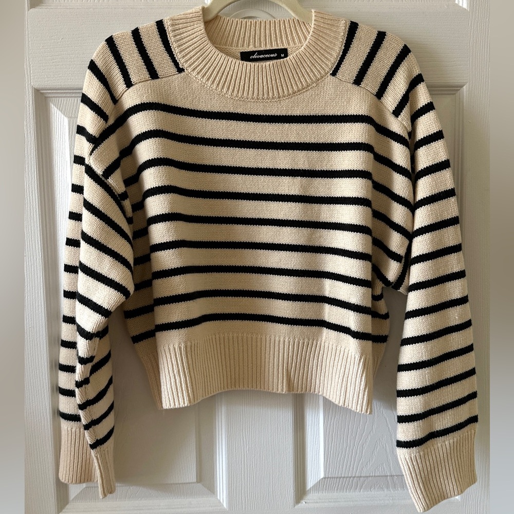 olivaceous Black and Cream Striped Crewneck Sweater, Size Medium